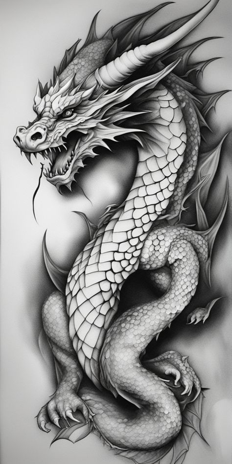 This image depicts a stunning realism style dragon tattoo design in black and white. The intricate details of the dragon's scales and fire-breathing mouth are intricately outlined over a blank canvas. Angry Dragon Drawing, Dragon Body Tattoo, Dragon Breathing Fire Tattoo, Realistic Dragon Tattoo, Dragon Tattoo Realistic, Jormungandr Tattoo, Japanese Geisha Drawing, Dragon Tattoo Outline, Dragon Pics