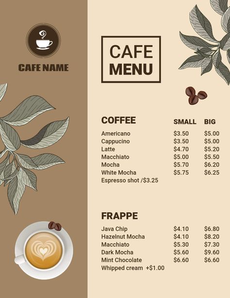 Cafe Leaflet Design, Caffee Restaurant Design Plan, Menu Cafe Aesthetic, Coffee Menu Design Ideas Layout, Cafe Menu Design Ideas, Menu Design Ideas Templates, Menu Design Ideas, Coffee Menu Design, Menu Coffee