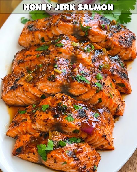 Sweet and Spicy Honey Jerk Salmon Caribbean Salmon Recipes, Honey Jerk Salmon, Jerk Salmon Recipe, Sweet Spicy Salmon, Oven Baked Eggplant, Jamaican Seasoning, Jerk Salmon, Salmon Marinade, Sour Cream Sauce