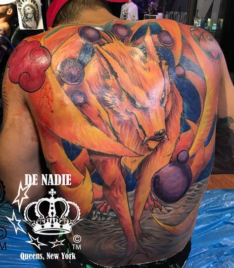 Kurama the nine tailed wolf this tattoo took a few months to accomplish and sweat and tears in between Nine Tailed Fox Tattoo Naruto, Queens Tattoo, Kurama Tattoo, Tattoos Color, New York Tattoo, X Tattoo, Queen Tattoo, Naruto Tattoo, Perfect Tattoo