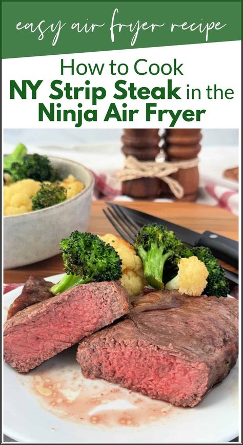 This Ninja Air Fryer NY Strip Steak recipe is the best way to make a juicy steak. Ninja Foodi New York strip recipe makes the best air fryer steak. This Ninja Foodi New York strip steak recipe is a great way to cook a delicious and juicy steak indoors. The air fryer cooks the steak quickly and evenly, resulting in a perfectly cooked steak. #ninjafoodiNYstripsteak #NYStripsteakintheninjaairfryer #airfryerstripsteak Air Fry New York Strip Steak, Air Fryer Ny Strip Steak, Steak Ninja Foodi, Steak Indoors, Ny Strip Steak Recipes, Striploin Steak, Broiled Steak, New York Strip Steak, Strip Steak Recipe