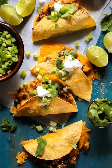 crispy baked butternut squash black bean tacos – The Foul-Mouth Gourmet Butternut Squash Tacos, Butternut Squash Black Bean, Crispy Taco Shells, Jackfruit Tacos, Black Bean Tacos, Baked Butternut Squash, Chipotle Chili Powder, Avocado Crema, Crispy Tacos