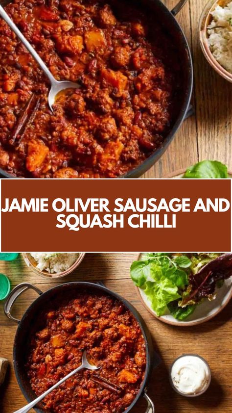 Jamie Oliver Sausage and Squash Chilli is made with higher-welfare pork or veggie sausages, butternut squash, frozen mixed vegetables (onion, carrot, and celery), garlic, beans, and plum tomatoes. This easy Sausage and Squash Chilli recipe creates a hearty dinner that takes about 2 hours to prepare and can serve up to 6 people. Sausage And Squash, Garlic Beans, Frozen Mixed Vegetables, Chilli Recipe, Veggie Sausage, Chickpea Stew, Chilli Recipes, Casserole Pan, Sausage Balls