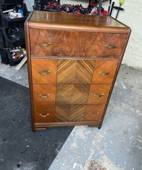 Cintage Dresser, Antique Dresser In Closet, Refinish Vintage Dresser, Waterfall Dresser Redo, Waterfall Buffet Makeover Ideas, Antique Vanity Dresser Makeover, Refurbished Waterfall Dresser, Waterfall Chest Of Drawers Makeover, Redo Chest Of Drawers