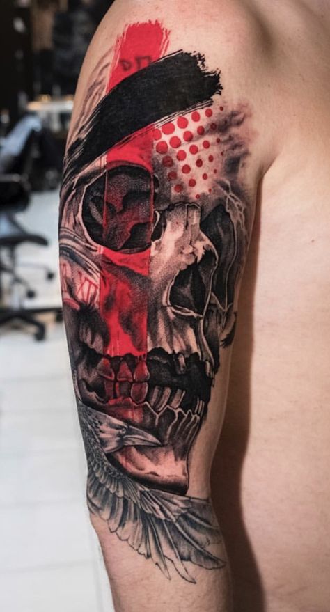 Trash Polka Skull Tattoo, Trash Polka Skull, Vendetta Tattoo, Realistic Heart Tattoo, Trash Polka Art, Tatuaje Trash Polka, Trash Polka Tattoos, Trash Polka Tattoo Designs, Tattoo Trash