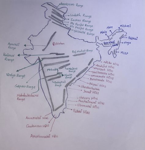 India Mountain Ranges #UPSC_GEOGRAPHY #upsc_geography #geography_mapping Indian Mountain Map, Himalaya Range India Map, India Geography Maps, Mountain Ranges In India Map, Basic Geography Notes, Himalayas Map, Indian Mountains, Mountains India, Indian Geography