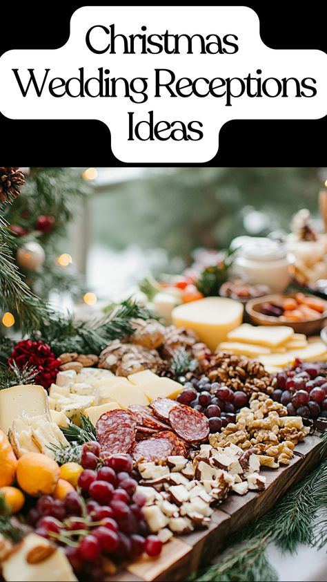 Festive Christmas wedding charcuterie board with spiced nuts, cheeses, and seasonal fruits, adding elegance and warmth to a holiday reception. Christmas Reception Food, Christmas Appetizer Display, Charcuterie For Wedding Reception, Christmas Party Food Display, Charcuterie Wedding Display, Christmas Wedding Reception Ideas, Christmas Wedding Reception, Elegant Christmas Wedding, Charcuterie Board Display