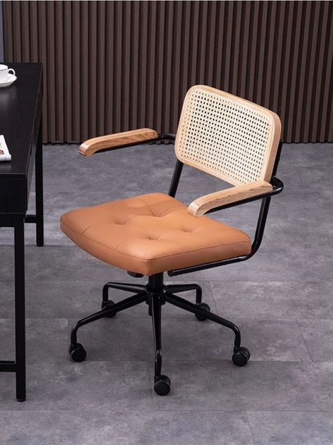 Nordic Genuine Leather Office Chair Rattan Retro Backrest Solid Wood Armchair Lift Swivel Chairs Bedroom Study Computer Chair Light Coffee Color, Wooden Office Chair, Chair Rattan, Coffee Color, Wood Arm Chair, Leather Office Chair, Office Desk Chair, Computer Chair, Office Room