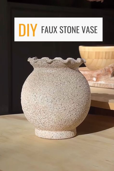 Faux Stone Vase DIY: 1. Spray Zinsser primer. 2. After it dries, apply Krylon Stone Coarse Texture spray paint in color Travertine Tan. Let me know if any questions! ✨ #diycrafts #fauxceramic #fauxstone #diyvase Stone Vase Diy, Mix Brown Paint, Faux Ceramic Vase, Paint With Baking Soda, Texture Spray Paint, Stone Spray Paint, Faux Ceramic, Textured Spray Paint, Diy Furniture Flip