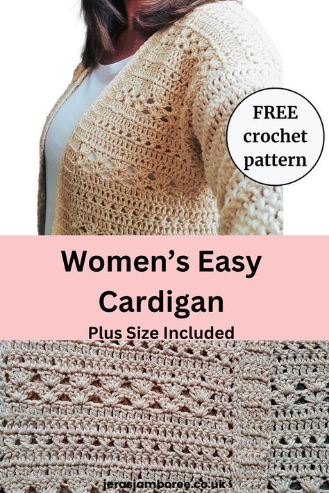 A close up of the crochet stitches used in a women's easy cardigan crochet pattern free and a woman wearing the cardigan with a tee Easy Crochet Cardigan Pattern, Free Crochet Shawl Patterns, Crochet Top Pattern Free, Crochet Cardigan Pattern Free Women, Free Crochet Jacket Patterns, Top Pattern Free, Easy Crochet Cardigan, Crochet Shawl Patterns, Crochet Patterns Free Women