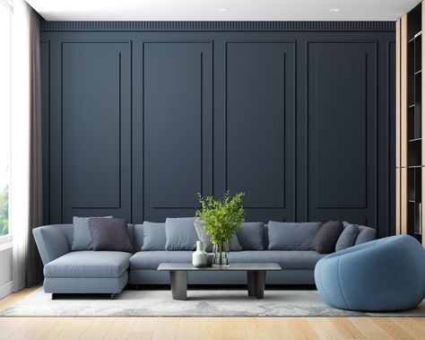 "Modern Dark Blue Wood Panels Wall Mural, Custom sizes, colors and designs MATERIALS: * VINYL ON NON WOVEN BACKING * PASTE THE WALL APPLICATION - premium material * Matte, durable material with two layers: vinyl (PCW) and non- woven fabric. The thickest of materials, really durable and good looking. Requires a glue for application (any glue for a non-woven wallpapers), but the application is easier than traditional, cause you can apply the glue only on wall (you don't have to apply glue on the wallpaper sheets). It is washable and may be apply on humid interiors like bathrooms, kitchens and commercial spaces. * PEEL AND STICK, REMOVABLE - SELF ADHESIVE WALLPAPER - premium material * Easy stick, completely removable, matte fabric. You can easily hang it by yourself with the little help of o Blue Black Accent Wall, Navy Panelled Wall, Board And Batten Blue Wall, Blue Paneled Walls, Slate Blue Accent Wall Living Room, Living Room Dark Blue Accent Wall, Dark Navy Accent Wall Living Room, Navy Blue Wainscoting, Grey Blue Accent Wall