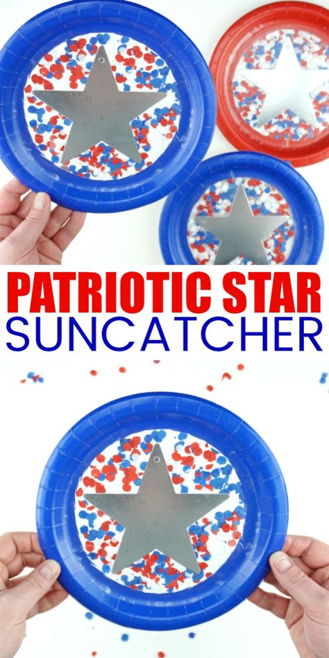 This paper plate patriotic suncatcher craft is a fun and festive Independence Day Craft for kids. Great Fourth of July kids craft and Memorial Day Craft for kids. #fun365 #orientaltrading #fourthofjulycrafts #suncatchers #kidscraft #craftsforkids #iheartcraftythings Patriotic Suncatcher, Fourth Of July Kids, Labor Day Crafts, Fourth Of July Crafts For Kids, Flag Crafts, 4th July Crafts, Suncatcher Craft, July Ideas, Blue Crafts