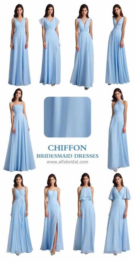 Chiffon bridesmaid dresses are available in more colors. #wedding #weddings #weddingcolorideas #bridesmaiddresses #2021 #weddinginspiration #bridesmaids #bridalparty #maidofhonor #weddingideas #weddingcolors #chiffonbridesmaiddresses #alfabridal Chiffon Gown Bridesmaid, Bridesmaid Dress A Line, Breidsmed Dress, Periwinkle Dress Bridesmaid, Blue Chiffon Evening Dress, Bridesmaid Dresses Design Style, Bresmaid Dresses, Brids Mades Dresses, Mid Length Bridesmaid Dresses