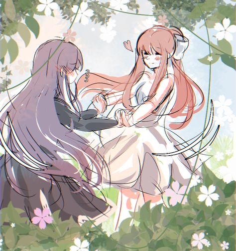 Monika X Yuri, Yuri And Monika, Group Fanart, Yuri Ddlc, Monika Ddlc, Just Monika, Singles Events, Doki Doki Literature Club, Psychological Horror