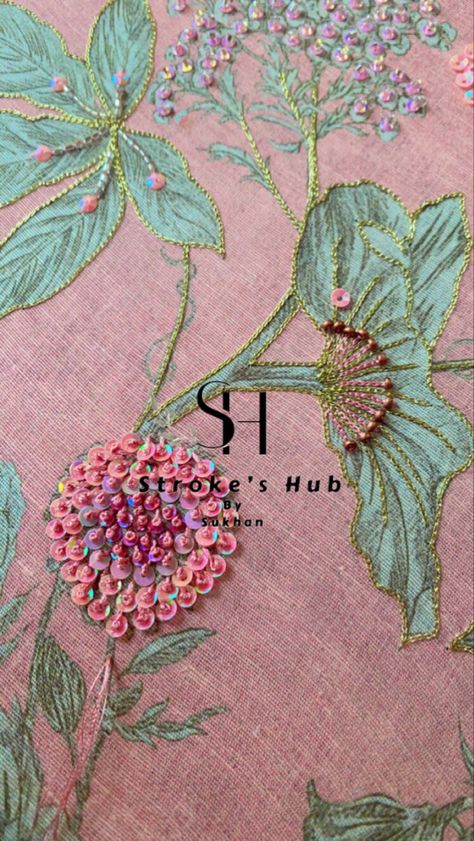 Embroidery Highlights On Prints, Handwork On Printed Fabric, Floral Sequin Embroidery, Print Highlight Embroidery, Highlight Embroidery Work, Sequins Embroidery Pattern Design, Embroidery On Printed Fabric, Creative Embroidery Ideas, Embroidery With Sequins