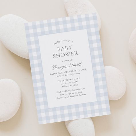 Classic Blue Gingham Boy Baby Shower Invitation Baby Shower Simple, Simple Baby Shower Invitations, Plaid Baby Shower, Baby Boy Invitations, Boy Shower Invitations, Elegant Baby Shower, Simple Baby Shower, Shower Bebe, Elegant Baby