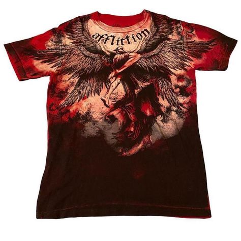 angels cybergrunge graphic tee all over print seraph ombré mallgoth emo skater indie Red Affliction Shirt, Affliction Design Graphics, Affliction Shirts, Scene Girl Style, Skater Shirts, Men's Emo Style, Guys Fashion Casual, Angel Shirt, Red And Black Shirt