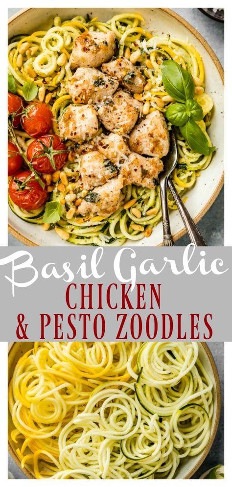 Marinated and stir-fried basil garlic chicken, served over fresh squash and zucchini noodles, tossed in a silky, herbaceous pesto and topped with salty parmesan, crunchy pine nuts and fragrant basil.  This Basil Garlic Chicken & Pesto Zucchini Noodles dish is healthy, delicious and can be prepped, ready and on the table in 30 minutes or less!  #healthy #stirfry #stir-fry #garlic #basil #chicken #pesto #zucchini #squash #noodles #veggienoodles #quick #easy #dinner #recipe #summer via @nospoonn Basil Pesto Chicken Pasta, Garlic Basil Chicken, Fried Basil, Pesto Zucchini, Ketone Recipes, Pesto Zucchini Noodles, Basil Pesto Chicken, Healthy Pesto, Zucchini Noodle Recipes