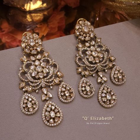 Victorian Finish Jewellery Indian, Big Polki Earrings, Moissanite Necklace Indian, Polki Earrings Designer, Vilandi Earrings, Victorian Earrings Indian, Victorian Gold Jewelry, Neackles Aesthetic, Swarovski Jewelry Aesthetic