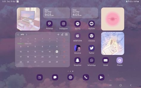 Tablet Layouts Aesthetic, Ipad Homescreen Ideas Purple, Samsung Tablet Wallpaper Aesthetic, Tablet Homescreen, Samsung Homescreen Layout Ideas, Samsung Aesthetic, Tablet Organizer, Ipad Lockscreen, Cute Small Drawings