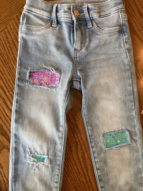 Sequin Letters On Shirt Diy, Embellished Jeans Diy, How To Sew Sequins, Embroidered Jeans Diy, Mermaid Sequin Fabric, Kids Denim Shorts, 60s Party, Sequin Sandals, Sequin Jeans