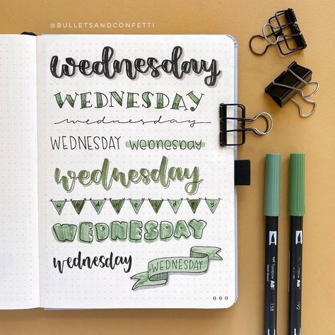 Silje | Bullet journalist on Instagram: “Wednesday header ideas ✨ I think Wednesday has such beautiful letter cobinations, but it’s a bit long... so I always end up writing “Wed”…” Wednesday Header, Bujo Fonts, Header Ideas, Journal Lettering, Bullet Journal 2019, Bullet Journal Notes, Lettering Ideas, Bullet Journal Notebook, Creative Lettering