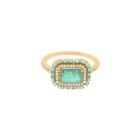 14K GOLD DIAMOND TURQUOISE AND EMERALD ALIZA RING – Jen K Online Turquoise And Emerald Ring, Early Summer Wedding, Band Inspiration, In Search Of Lost Time, Ocean Ring, Pink Garnet, Love Rings, Ring Settings, Black White Wedding