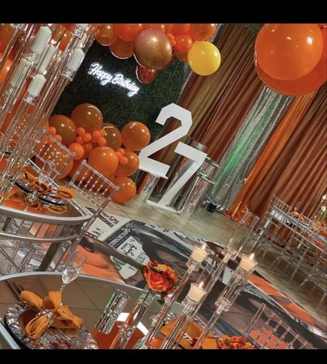 27th Birthday Dinner Ideas, Orange Sweet 16, Chanel Birthday Party, Birthday Behavior, Sweet 16 Party Decorations, 18th Birthday Party Themes, Birthday Venues, 16th Birthday Decorations, 25th Birthday Parties