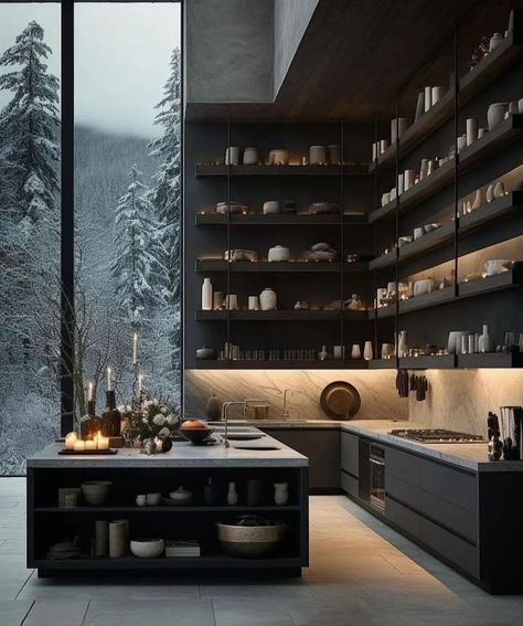 Paint Tile Floor, House In Forest, Kitchen Wall Design, Modern Cabin Interior, Tall Shelf, Norway House, Mountain Home Interiors, Paint Tile, Mountain Dream Homes