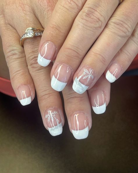 Nail Art For A Cruise, French Manicure Beach Nails, Cruise French Tip Nails, Shirt French Tip Nails With Design, French Nails With Palm Tree, French Manicure With Palm Tree, White Tip Nails With Design Summer, Beach Nails French Tips, Nails For Cruise 2023