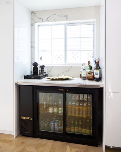 True Residential undercounter fridge Free Standing Beverage Fridge Ideas, Basement Fridge, Basement Cabinets, Undercounter Fridge, Modern Coffee Bar, True Residential, Diy Coffee Station, Diy Coffee Bar, Coffee Bar Design