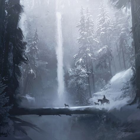 Log Bridge, Concept Art Portfolio, Evelynn League Of Legends, Conifer Forest, Horseback Rider, Forest Path, Fantasy Setting, Biome, Fantasy Places