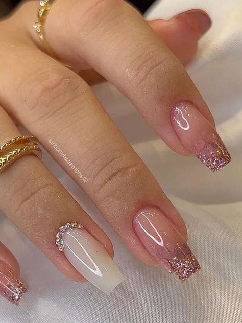 Coffin-shaped, pink glitter ombre, and milky white nails Pink Bridesmaid Nails, Bridesmaids Nails, Pink Glitter Nails, Pink Ombre Nails, Rose Gold Nails, Pink Nail Designs, Acrylic Nails Coffin Short, Nail Designs Glitter, Elegant Nails