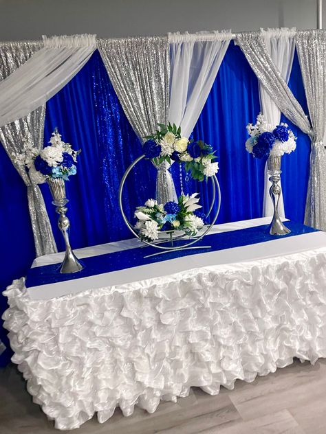 Wedding Curtains, Diamonds And Denim Party, Backdrop Inspiration, Royal Blue Wedding Theme, Quince Decor, Birthday 20, Pretty Background, Blue Party Decorations, Denim Party