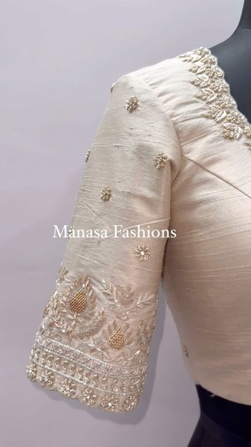 Manasa Fashions on Instagram: "Off white blouse for banaras saree by @manasafashions__ 🤍 WhatsApp +91 7330896469 for appointments and bookings ✨Blouses are customised on order only. ✨No readymade blouses. Kindly WhatsApp, DMs may not be answered. Visit on appointments only. 📍Manasa Fashions, new bowenpally, Secunderabad. Location link in bio 🚫we don’t sell sarees 🚫Strictly, Do not repost. [ Maggam work blouse] [ Manasa Fashions ] [ Tailoring service ] [ blouse tailoring service ] [ designer blouses Hyderabad ] [ Hyderabad Designer ] [ designer blouses ] [ trending blouse designs ] #manasafashions #bridalblouse #bridalblousedesigns" White Moti Work Blouse Designs, Work On White Blouse, Kardhana Work Blouses, Off White Blouse Designs For Saree, White Maggam Work Blouse, Off White Blouse Designs Work, Blouse Handwork Designs, White Blouse Designs For Saree, Blouses Trending