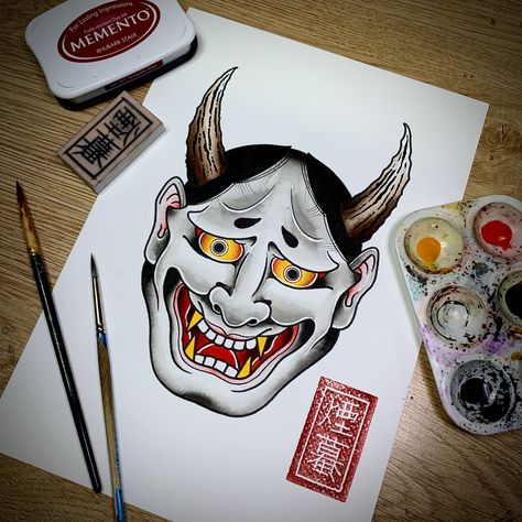 Japanese Hannya Mask Tattoo, Masks Tattoo, Hanya Mask Tattoo, Japanese Hannya Mask, Draw Video, Traditional Japanese Tattoo, Hannya Mask Tattoo, Hannya Mask, Patchwork Ideas