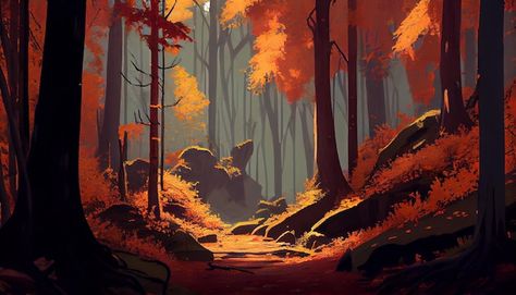 Autumn Landscape Art, Autumn Concept Art, Fall Concept Art, Forest Landscape Drawing, Autumn Forest Drawing, Fantasy Environment Concept Art, Concept Art Forest, Autumn Illustration Art, Digital Art Forest