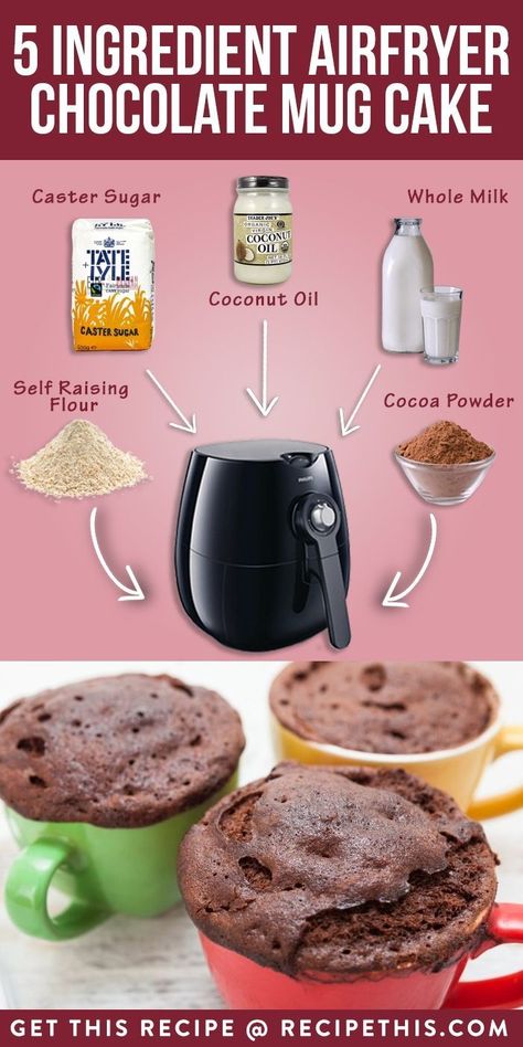 Airfryer Mug Cake, Mug Cake Airfryer, Airfryer Cake Recipes, Airfryer Recipes Dessert, Airfryer Cake, Cake In Air Fryer, Chocolate Mug Cake Recipe, Air Fryer Recipes Low Carb, Recipe Air Fryer