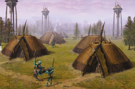 Tribe Village Concept Art, Fantasy Tribe Village, Mythical Architecture, Village Concept Art, Oddworld Inhabitants, Abe's Oddysee, Fantasy Village, Village Art, Space Fantasy