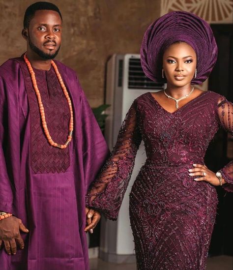 Burgundy Traditional Wedding Attire, Burgundy Asoebi Lace Styles, Nigerian Introduction Outfit, Introduction Outfit For Couples, Traditional Marriage Attires In Nigeria, Purple Aso Ebi, Yoruba Traditional Wedding Attire, Yoruba Fashion, Nigerian Traditional Attire