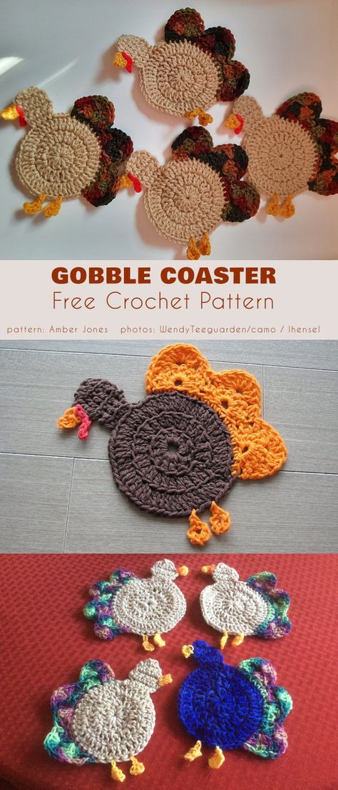 Fall Coaster Ideas and Free Crochet Patterns Free Crochet Animal Coaster Patterns, Thanksgiving Coasters Crochet, Halloween Coasters Crochet Pattern, Fall Dishcloth Crochet Pattern, Turkey Applique Pattern, Winter Crochet Coasters Free Pattern, Free Pattern Crochet Coasters, Fall Crochet Applique Patterns Free, Turkey Coaster Crochet