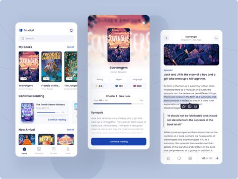 Studiall Book Mobile App by Yafi Asyam 🎮 for Omnicreativora on Dribbble Library App Design, Book App Design, Mobile Apps Designs, Goodreads Redesign, Book App Ui, Web Design Books, Ux Writing, Book Mobile, Library App