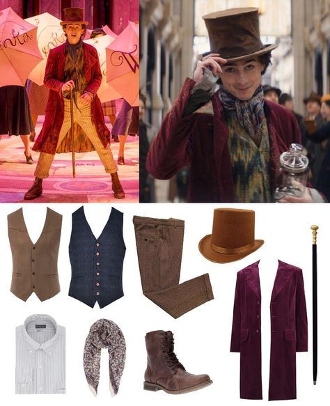 Quiet up and listen down! There’s a new Willy Wonka in town, played by Timothee Chalamet in the new movie-musical Wonka. The original story is from the 1964 novel Charlie and the Chocolate Factory by Roald Dahl. This new story follows a younger Wonka before he becomes who we know today from the two film adaptations where he is played by Gene Wilder and then Johnny Depp. In this new whimsical film we follow his journey into becoming a chocolatier. Wonka’ s costume has elements that are remini... Diy Wonka Costume, Wonka Inspired Outfit, Timothee Chalamet Chocolate, Willy Wonka Timothee Chalamet, Wonka Outfit, Willy Wonka Johnny Depp, Timothee Chalamet Wonka, Wonka Timothee Chalamet, Musical Cosplay