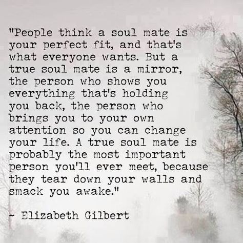 People think a soul mate is your perfect fit, and that's what everyone wants. But a true soul mate is a mirror, the person who shows you everything that is holding you back, the person who brings you to your own attention so you can change your life. A true soul mate is probably the most important person you'll ever meet, because they tear down your walls and smack you awake. -Elizabeth Gilbert Elizabeth Gilbert Quotes, Die Antwoord, Soulmate Quotes, Eat Pray Love, Elizabeth Gilbert, After Life, The Subject, What’s Going On, Beautiful Words