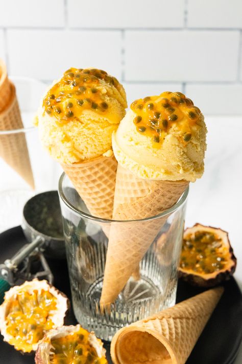 Passion Fruit Ice Cream - Good Things Baking Co Passion Fruit Ice Cream, Passionfruit Recipes, Passion Fruit Syrup, Cream Custard, Passion Fruit Juice, Fruit Ice Cream, Coffee And Donuts, Fruit Ice, Chocolate Lava Cake