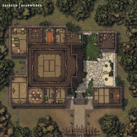 eastern dojo battlemap Dnd Japanese Map, Japanese Battlemap, Asian Maps, Hex Map, Minecraft Castle Designs, Konoha Village, Medieval Japanese, Village Map, Japanese Village