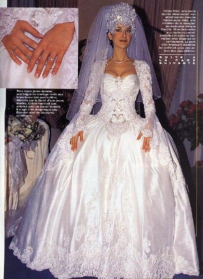 Celine Dion | Wedding Dress wow....looks like Madonna's Vogue performance at the Mtv awards.... Celine Dion Wedding, Famous Wedding Dresses, Celebrity Wedding Photos, Celebrity Bride, Wedding Dress Prices, Princess Bridal Gown, Celebrity Wedding Dresses, Beautiful Wedding Gowns, Wedding Dress Train