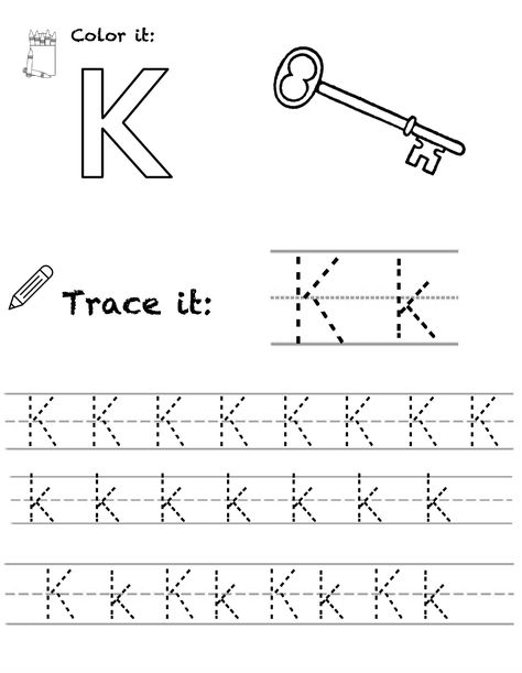 Alphabet Tracing and Identification for the letter "K". Use each page to help your child identify the specific letter, color an object with the beginning sound of that letter and trace both capital and lower case letters. These may be purchased as a bundle with all 26 letters or singular for each letter. Beginning Sound, Alphabet Tracing, Letter K, 26 Letters, Head Start, Lowercase A, School Items, Lower Case Letters, Phonics