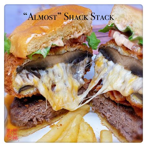 “Almost” Shack Stack! A burger with a cheese-stuffed Portobello mushroom patty & a delicious sauce. A great alternative for those who don't have a Shake Shack close by. #burger #portobello #mushroom #shackstack #shroomburger #shakeshack #fastfood #hamburger Shake Shack Mushroom Burger Recipe, Mushroom Patty, Shack Sauce, Portabella Burger, Shake Shack Burger, Mushroom Burger Recipe, Portobello Mushroom Burger, Portobello Burger, Stuffed Portobello