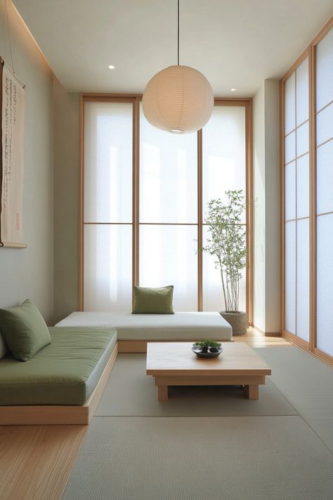 Create a calming atmosphere with this minimalist Japanese-inspired living room decor. Features include natural elements, simple lines, and soft color palettes, perfect for a tranquil space. Ideal for those seeking a zen-like retreat. #LivingRoomDecor #MinimalistDesign #HomeInspiration Japanese Seating Area, Floor Sitting Living Room Japanese, Apartment Decorating Japanese, Minimalist Japanese Apartment, Japan Aesthetic Living Room, Tatami Living Room Modern, Japanese Small Living Room, Japan Interior Design Living Room, Deco Small Living Room